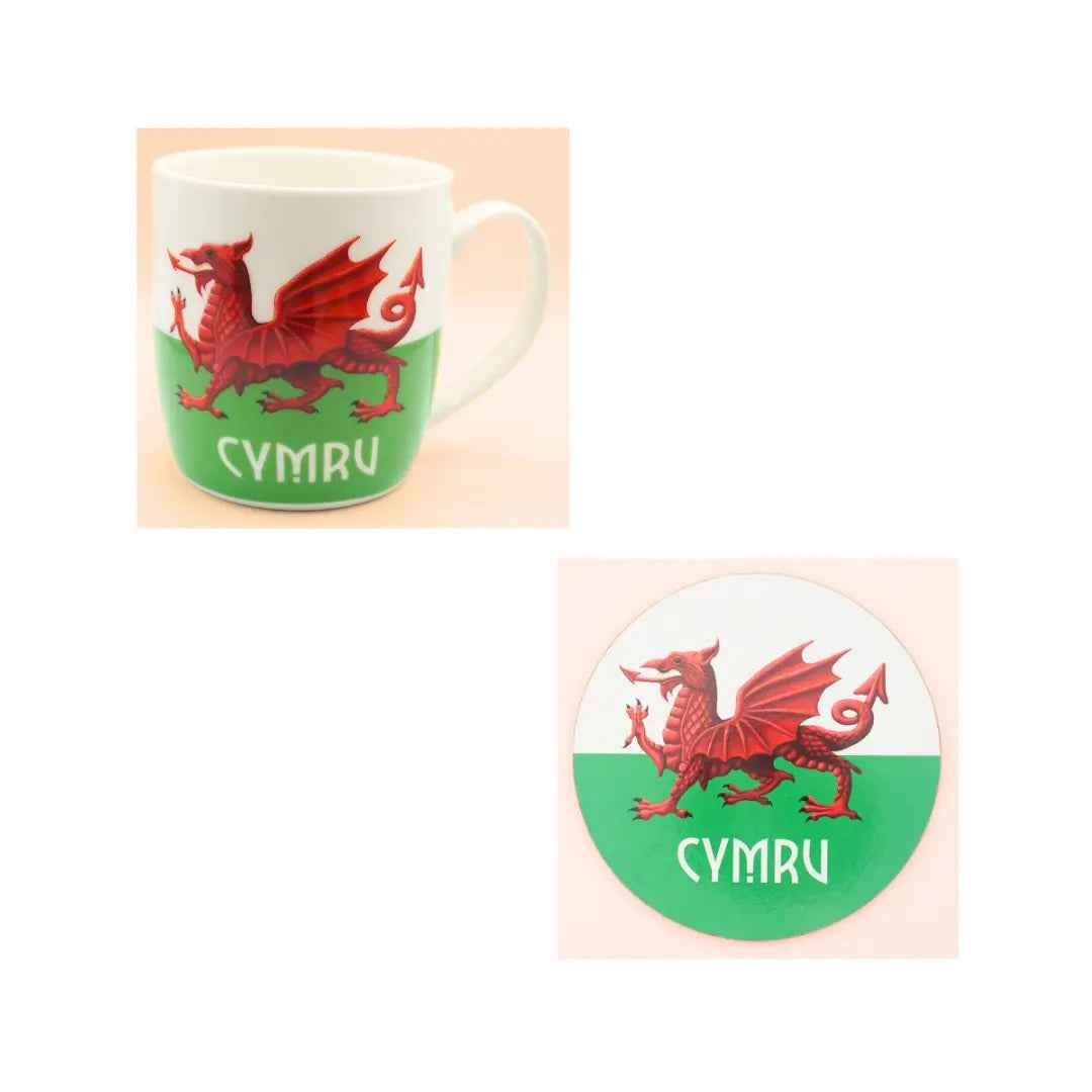 Welsh Mug & Coaster Set – Red Dragon Cymru design by Creation City. Durable porcelain mug with matching coaster. Perfect Welsh gift or souvenir.Welsh Mug & Coaster Set – Red Dragon Cymru Souvenir Gift | Creation City