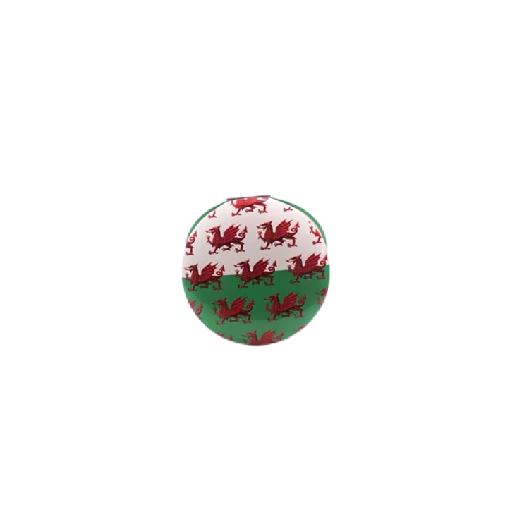 A compact mirror with a Welsh dragons flag design in green, red, and white colors.