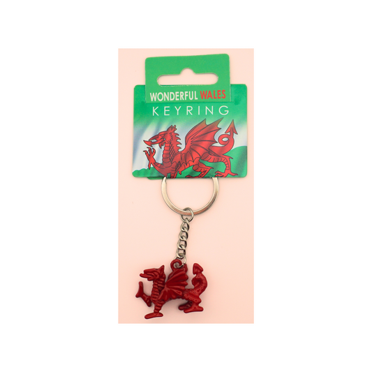 A red metal keyring with a dragon design, attached to a green card with the text 'Wonderful Keyring'.