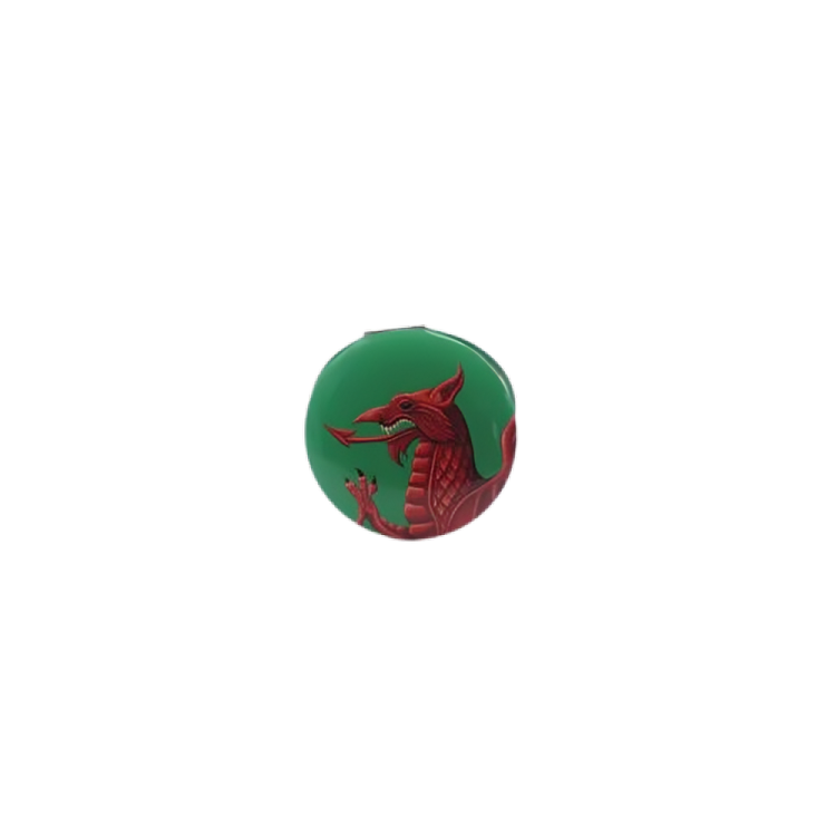 A compact mirror with a green background and a red dragon illustration in the center.