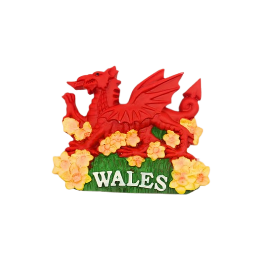 A magnet featuring the national emblem of Wales, which consists of a red dragon on a green and yellow background with a stylized 'W' in the center, surrounded by yellow flowers.
